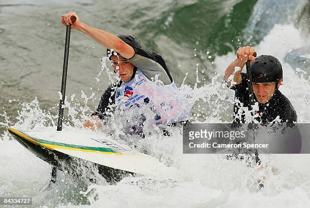 For-runners inspect the course in a mens C2 canoe double prior to finals during day four of the Australian Youth Olympic Festival at Penrith...