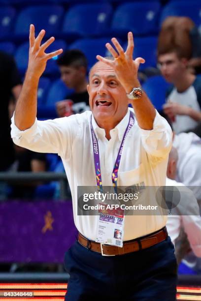 Italy's head coach Ettore Messina reacts during the FIBA EuroBasket 2017 championship match between Georgia and Italy at Menora Mivtachim Arena in...