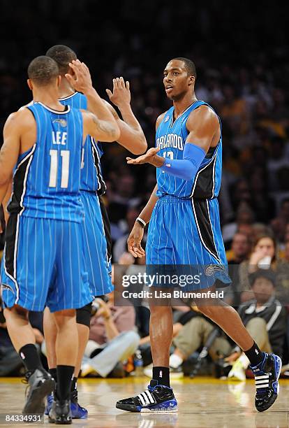 Dwight Howard of the Orlando Magic celebrates with his teammates during the game against the Los Angeles Lakers at Staples Center on January 16, 2009...