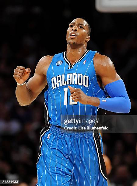 Dwight Howard of the Orlando Magic celebrates during the game against the Los Angeles Lakers at Staples Center on January 16, 2009 in Los Angeles,...