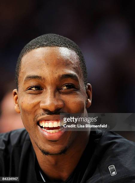 Dwight Howard of the Orlando Magic looks on from the bench during the game against the Los Angeles Lakers at Staples Center on January 16, 2009 in...