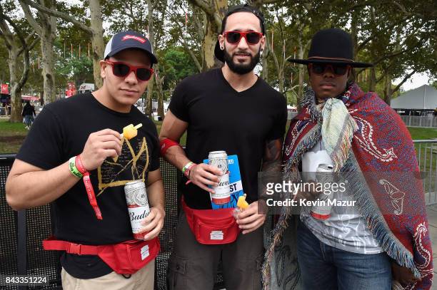 Music fans pose with Budweiser beverages and swag in the Bud Block area during 2017 Budweiser Made in America - Day 1 at Benjamin Franklin Parkway on...