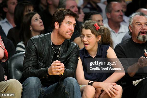 Dylan McDermott and his daughter Colette attend the Los Angeles Lakers vs Orlando Magic game at the Staples Center on January 16, 2009 in Los...