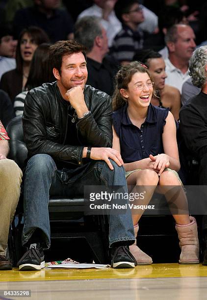 Dylan McDermott and his daughter Colette attend the Los Angeles Lakers vs Orlando Magic game at the Staples Center on January 16, 2009 in Los...