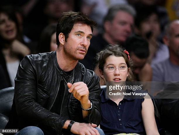 Dylan McDermott and his daughter Colette attend the Los Angeles Lakers vs Orlando Magic game at the Staples Center on January 16, 2009 in Los...