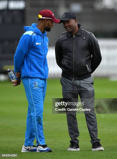 Shai Hope of the West Indies speaks with Brian Lara during a nets session at Lord's Cricket Ground on September 6, 2017 in London, England.