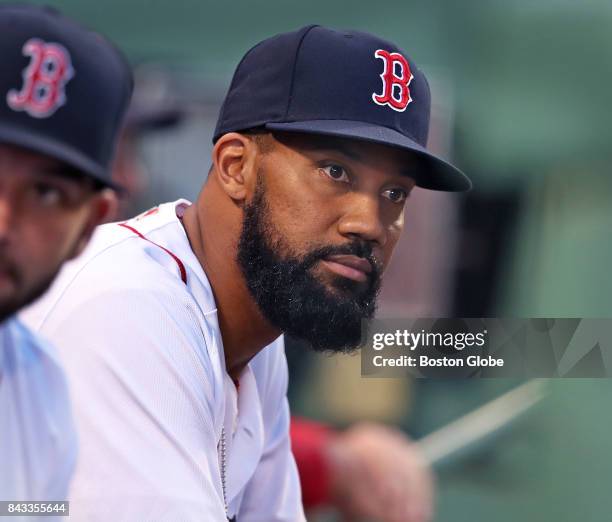 Boston Red Sox outfielder Chris Young is pictured in the dugout before the start of the game. The Boston Red Sox host the Toronto Blue Jays in a...