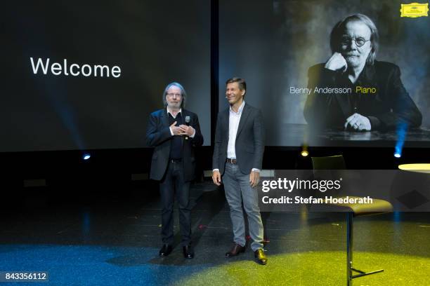 Benny Andersson and Frank Briegmann talk live on stage during Universal Inside 2017 organized by Universal Music Group at Mercedes-Benz Arena on...