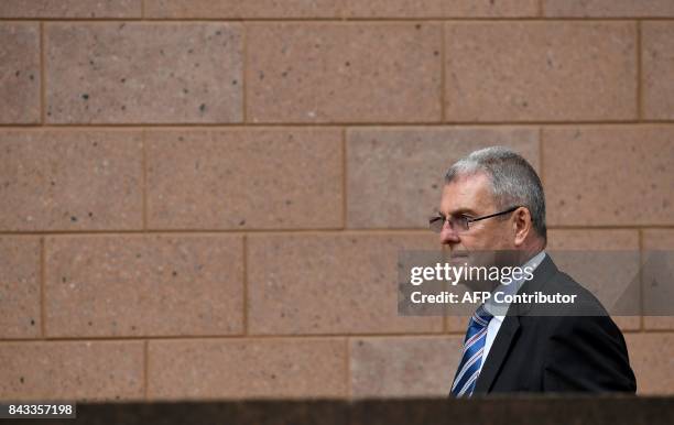 Former Sheffield Wednesday Football Club secretary Graham Mackrell leaves court in Preston on September 6, 2017. Five men charged over the...