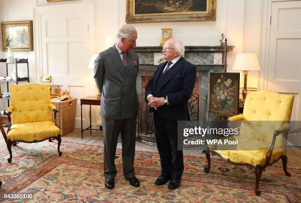 Prince Charles, The Prince of Wales, known as the Duke of Rothesay in Scotland, with the President of Ireland Michael D Higgins in the Yellow Room at...