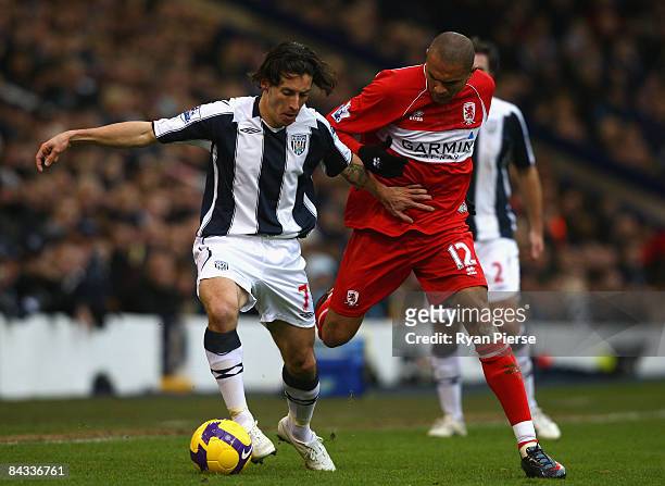 Robert Koren of West Bromwich Albion competes for the ball against Afonso Alves of Middlesbrough during the Barclays Premier League match between...
