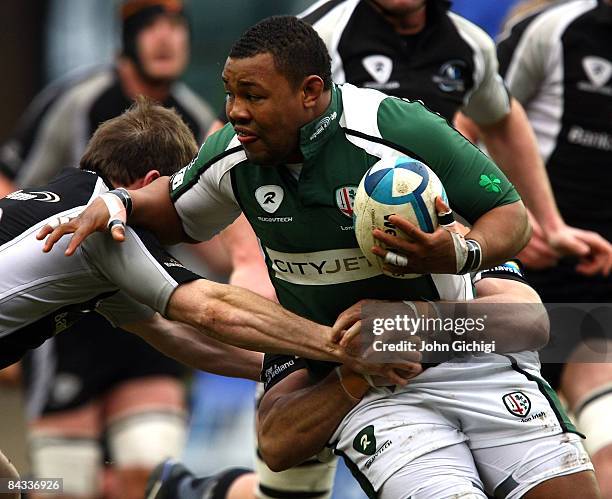 Steffon Armitage of London Irish palms off his opponent during the European Challenge Cup game between London Irish and Connacht Rugby at the...