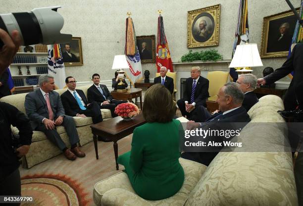 Clockwise from top, U.S. Vice President Mike Pence and President Donald Trump meet with Senate Majority Leader Mitch McConnell , Senate Minority...