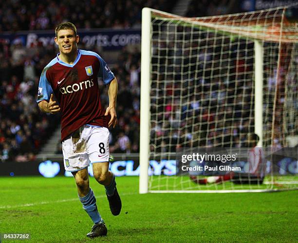 James Milner of Aston Villa celebrates scoring for Aston Villa during the Barclays Premier League match between Sunderland and Aston Villa at The...