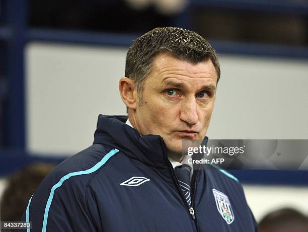 West Bromwich Albion's manager Tony Mowbray loos on before their Premiership football match against Middlesbrough on January 17, 2009 at the...