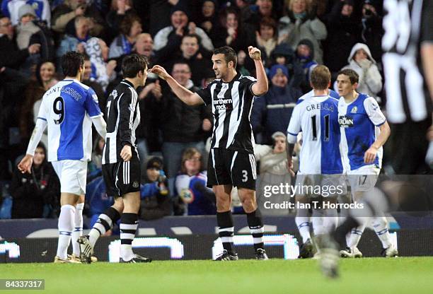 Joey Barton and Jose Enrique argue after Blackburn's third goal during the Barclays Premier League match between Blackburn Rovers and Newcastle...