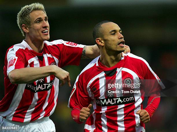 Danny Webber of Sheffield United is congratulated by Matthew Kilgallon after scoring the opening goal during the Coca Cola Championship match between...
