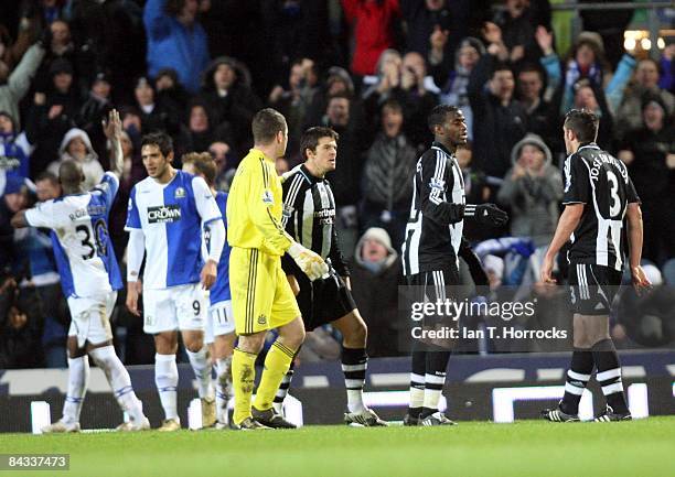 Joey Barton and Jose Enrique argue after Blackburn's third goal during the Barclays Premier League match between Blackburn Rovers and Newcastle...