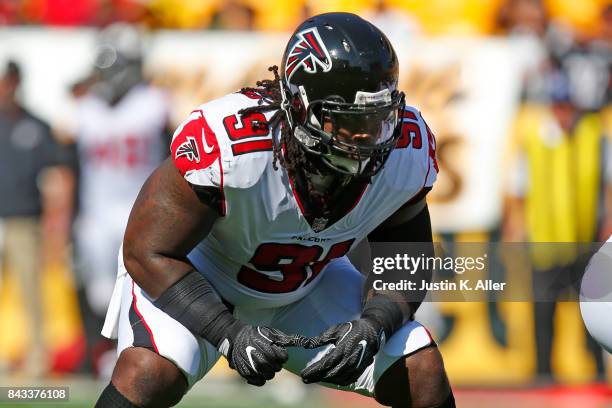 Courtney Upshaw of the Atlanta Falcons in action during a preseason game against the Pittsburgh Steelers at Heinz Field on August 20, 2017 in...