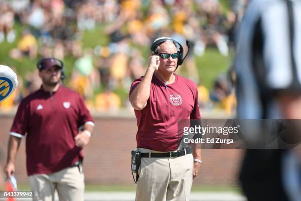 Head coach Dave Steckel of the Missouri State Bears celebrates a players touchdown against the Missouri Tigers at Memorial Stadium on September 2,...