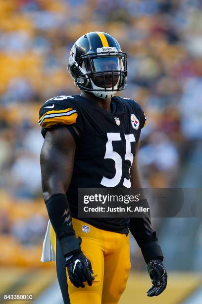 Arthur Moats of the Pittsburgh Steelers in action during a preseason game against the Atlanta Falcons at Heinz Field on August 20, 2017 in...