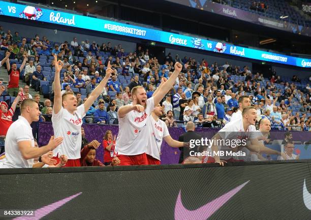 The Poland team celebrate during the FIBA Eurobasket 2017 Group A match between Greece and Poland on September 6, 2017 in Helsinki, Finland.