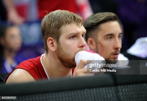 Michal Sokolowski of Poland appears dejected during the FIBA Eurobasket 2017 Group A match between Greece and Poland on September 6, 2017 in...