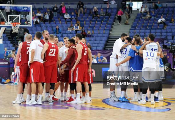 Poland appear dejected as Greece celebrate during the FIBA Eurobasket 2017 Group A match between Greece and Poland on September 6, 2017 in Helsinki,...
