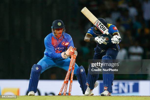 Sri Lankan cricketer Angelo Mathews is bowled out during the 1st and only T-20 cricket match between Sri Lanka and India at R Premadasa International...