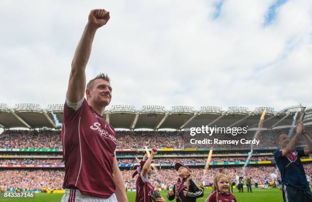 Dublin , Ireland - 3 September 2017; Galway's Joe Canning watches on as captain David Burke lifts the Liam MacCarthy cup following the GAA Hurling...