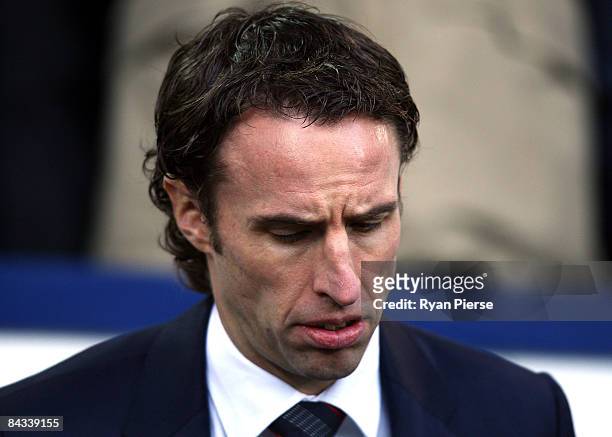 Gareth Southgate, manager of Middlesbrough, looks on before the Barclays Premier League match between West Bromwich Albion and Middlesbrough at The...
