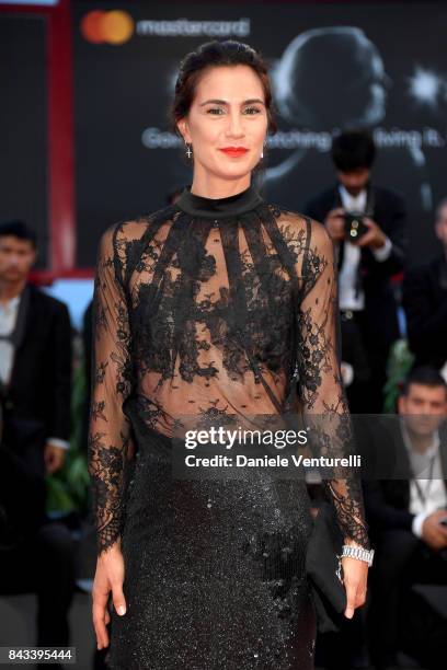 Gloria Bellicchi walks the red carpet ahead of the 'Ammore E Malavita' screening during the 74th Venice Film Festival at Sala Grande on September 6,...