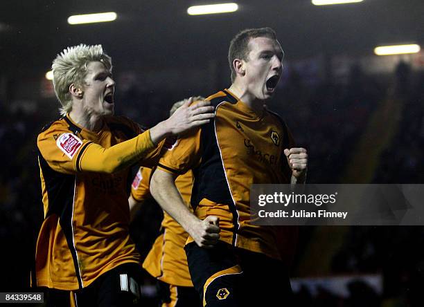 Neill Collins of Wolves celebrates scoring a goal with team mates during the Coca-Cola Championship match between Bristol City and Wolverhampton...