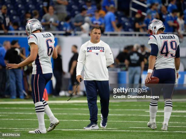 Assistant special teams coordinator Ray Ventrone of the New England Patriots directs drills prior to a preseason game on August 25, 2017 against the...