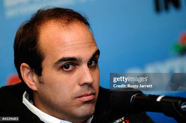 Nationwide Series driver Alex Garcia speaks with the media during NASCAR Preseason Thunder at Daytona International Speedway on January 17, 2009 in...