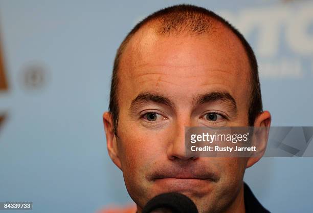 Sprint Cup driver Marcos Ambrose speaks with the media during NASCAR Preseason Thunder at Daytona International Speedway on January 17, 2009 in...