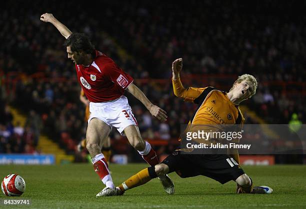 Jamie McAllister of Bristol City battles with Andy Keogh of Wolves during the Coca-Cola Championship match between Bristol City and Wolverhampton...