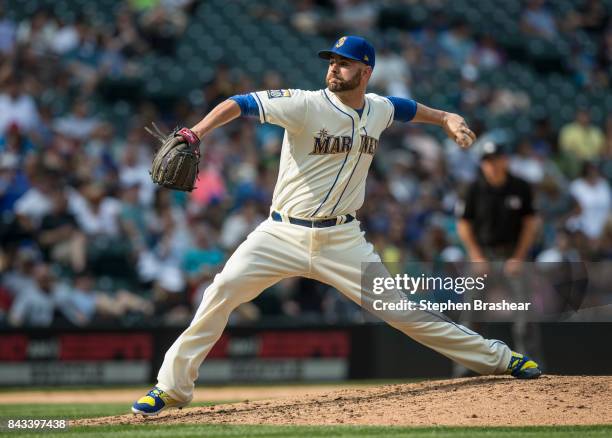 Reliever Marc Rzepczynski of the Seattle Mariners delivers a pitch during a game against the Oakland Athletics at Safeco Field on September 3, 2017...