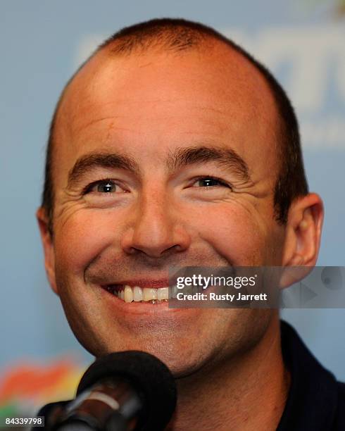 Sprint Cup driver Marcos Ambrose speaks with the media during NASCAR Preseason Thunder at Daytona International Speedway on January 17, 2009 in...