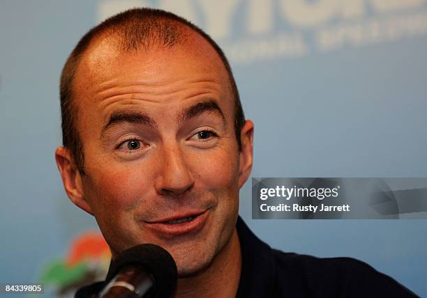 Sprint Cup driver Marcos Ambrose speaks with the media during NASCAR Preseason Thunder at Daytona International Speedway on January 17, 2009 in...