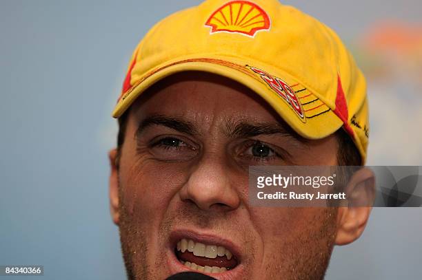 Kevin Harvick, driver of the Shell/Pennzoil Chevrolet speaks with the media during NASCAR Preseason Thunder at Daytona International Speedway on...