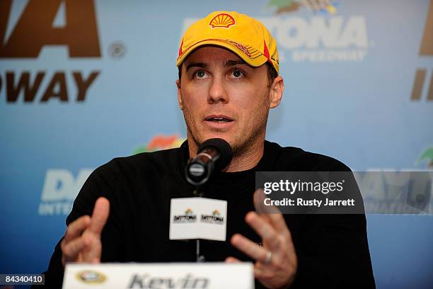 Kevin Harvick, driver of the Shell/Pennzoil Chevrolet speaks with the media during NASCAR Preseason Thunder at Daytona International Speedway on...