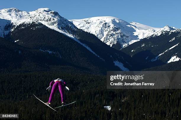 Wesely Savill of Canada jumps during day 3 of the FIS Nordic Combined World Cup on January 17, 2009 at the Whistler Olympic Park in Whistler, British...