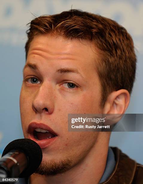 Nationwide Series driver Brad Keselowski speaks with the media during NASCAR Preseason Thunder at Daytona International Speedway on January 17, 2009...