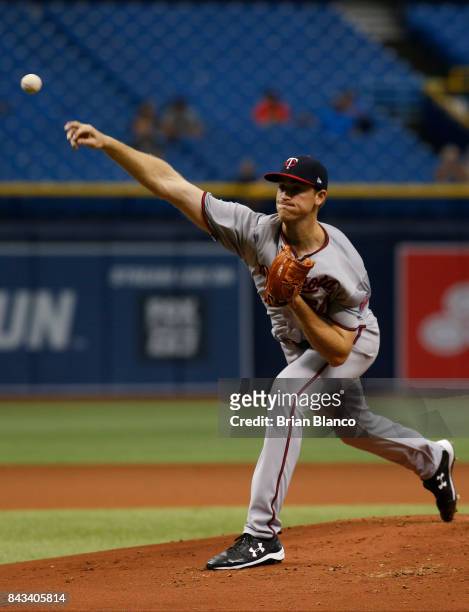 Aaron Slegers of the Minnesota Twins pitches during the first inning of a game against the Tampa Bay Rays on September 6, 2017 at Tropicana Field in...