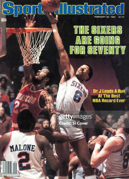 February 28, 1983 Sports Illustrated via Getty Images Cover: Basketball: Philadelphia 76ers Julius Dr. J Erving in action, making dunk vs Houston...