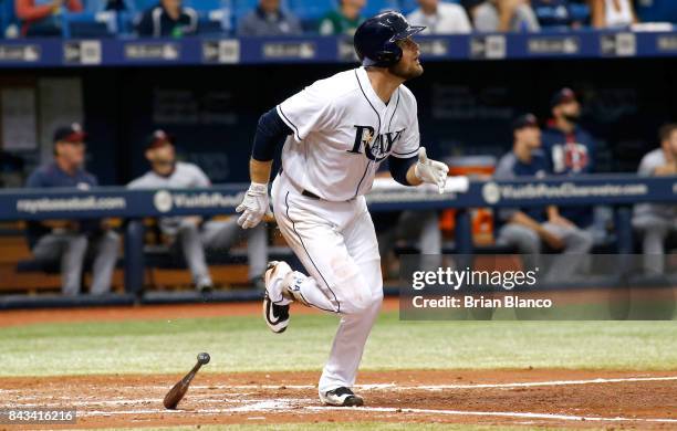 Lucas Duda of the Tampa Bay Rays watches his three-run home run off of pitcher Aaron Slegers of the Minnesota Twins during the third inning of a game...