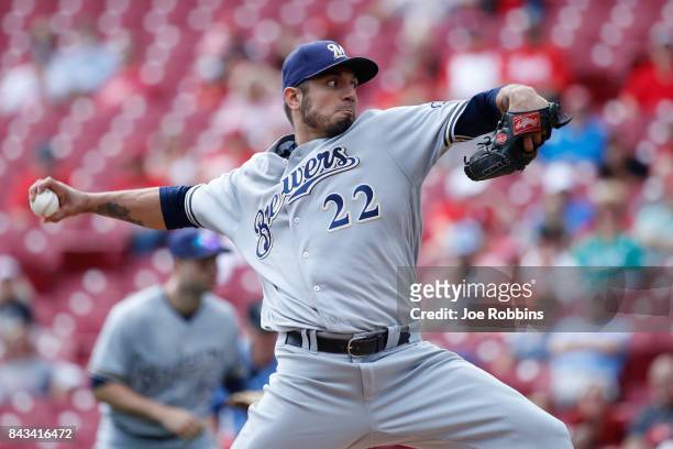 Matt Garza of the Milwaukee Brewers pitches in the first inning of a game against the Cincinnati Reds at Great American Ball Park on September 6,...
