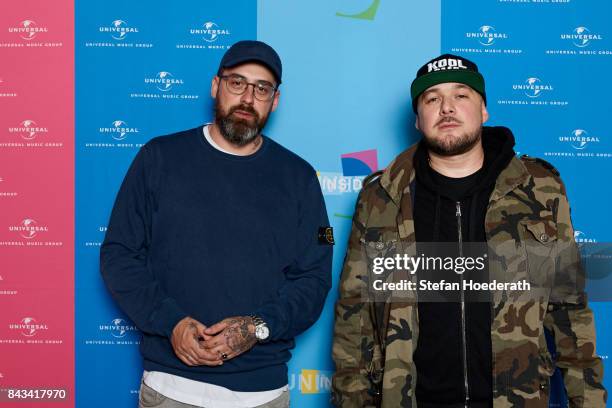 Sido and Kool Savas pose for a photo during Universal Inside 2017 organized by Universal Music Group at Mercedes-Benz Arena on September 6, 2017 in...