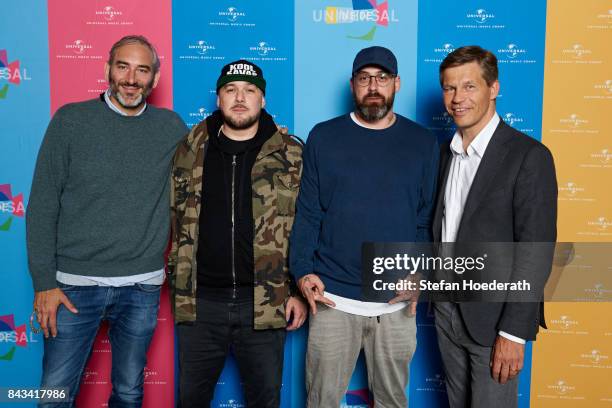 Daniel Lieberberg, Kool Savas, Sido and Frank Briegmann pose for a photo during Universal Inside 2017 organized by Universal Music Group at...